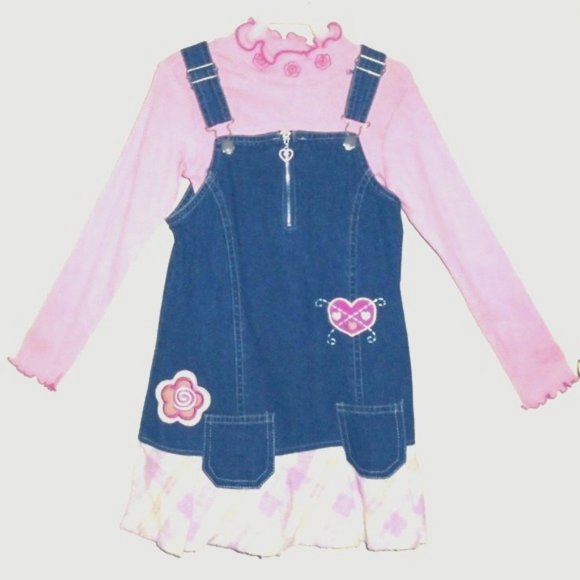 2 Pc Pink Bodysuit & Overalls Blue Denim Dress Set - Picture 2 of 6